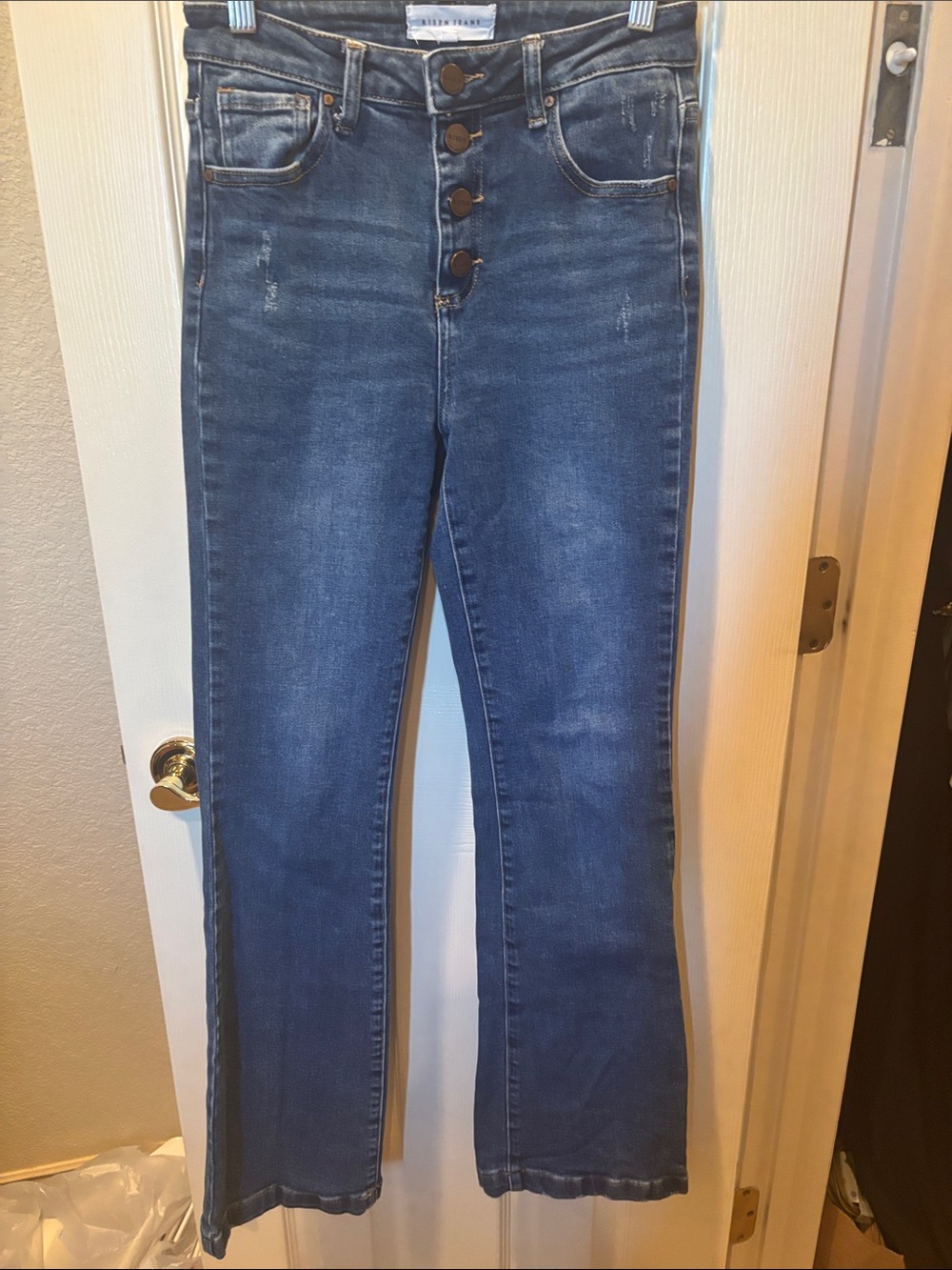 Risen High Rise Button Fly Flare Jeans Medium Wash Distressed Size 26